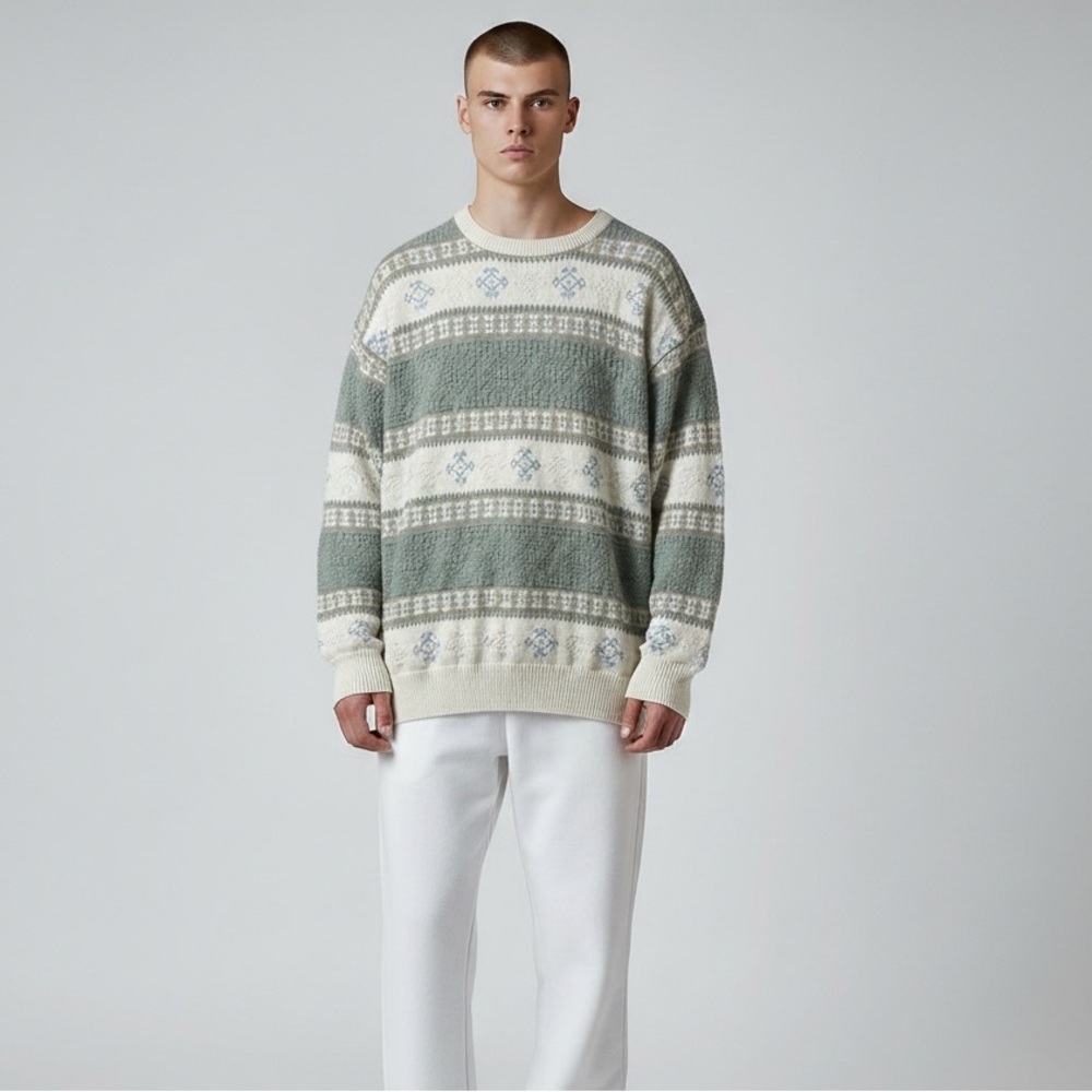 Vintage Made in USA Textured Knit Sweater Men’s M‎ 100% Cotton Cream Sage Blue